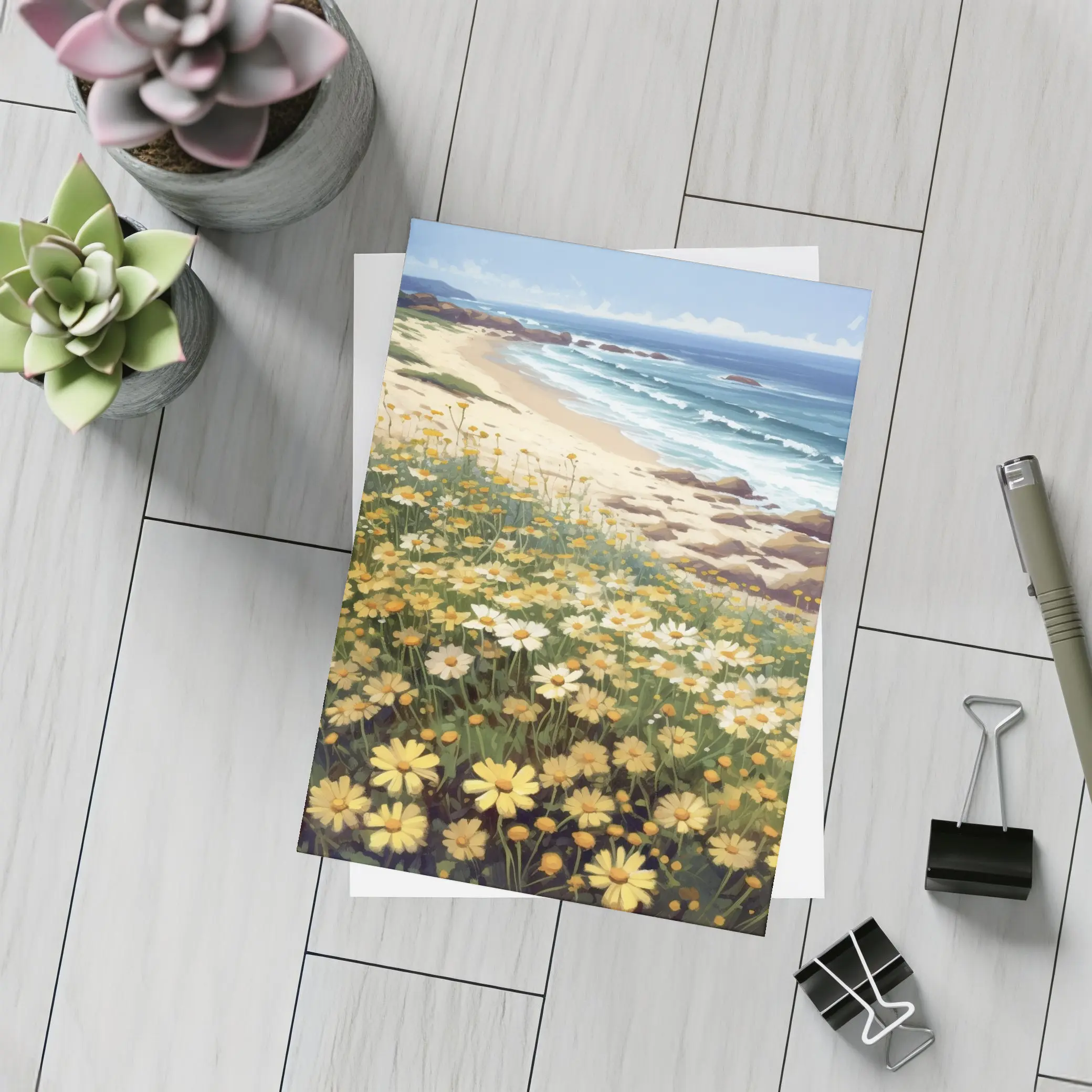 Daisy Field By Rocky Coastal Beach – Postcards