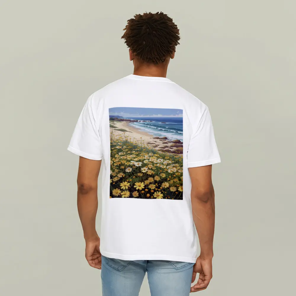 Daisy Field By Rocky Coastal Beach – T-Shirts