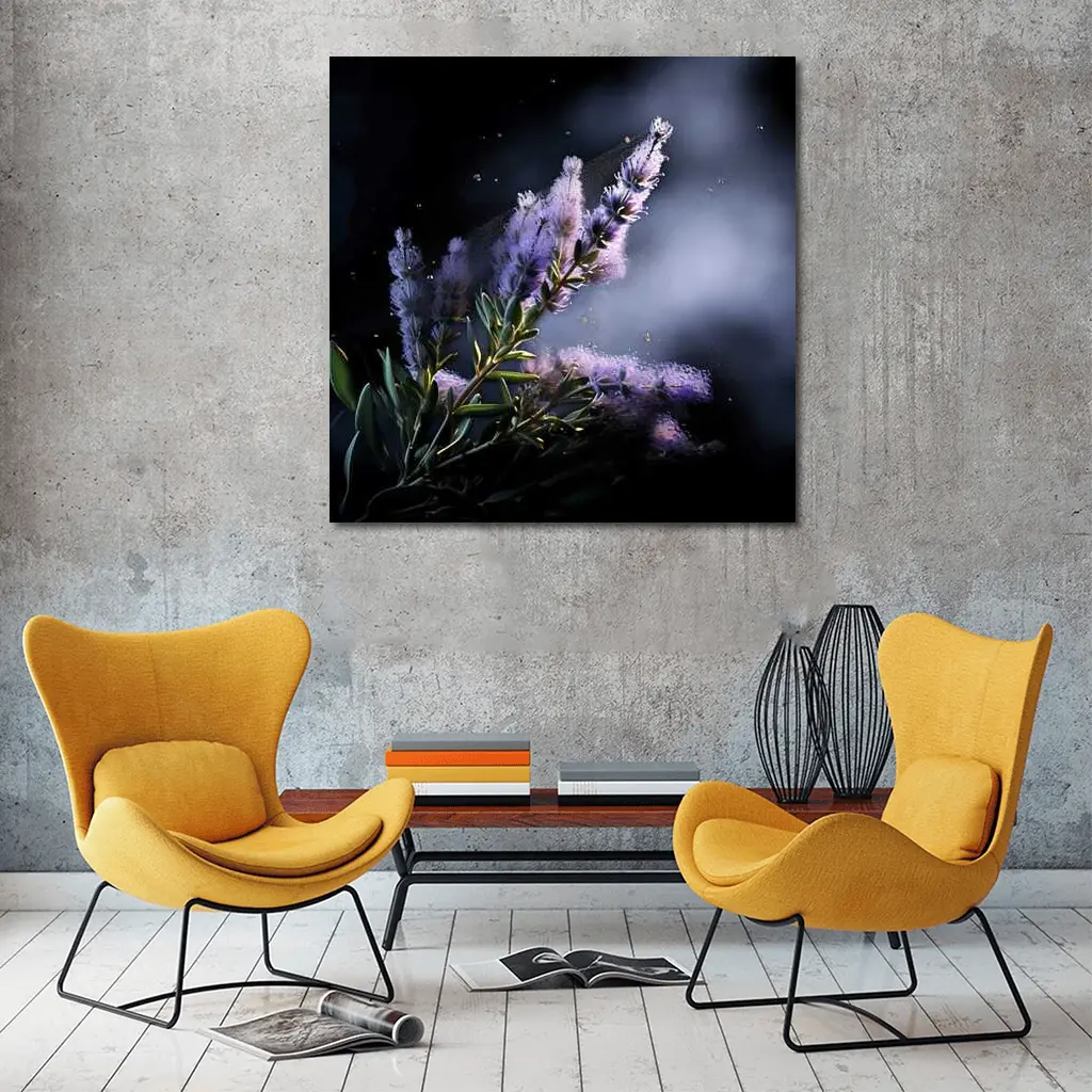 Lavender Blooms Floating Dust Dark Background – Wall Art
