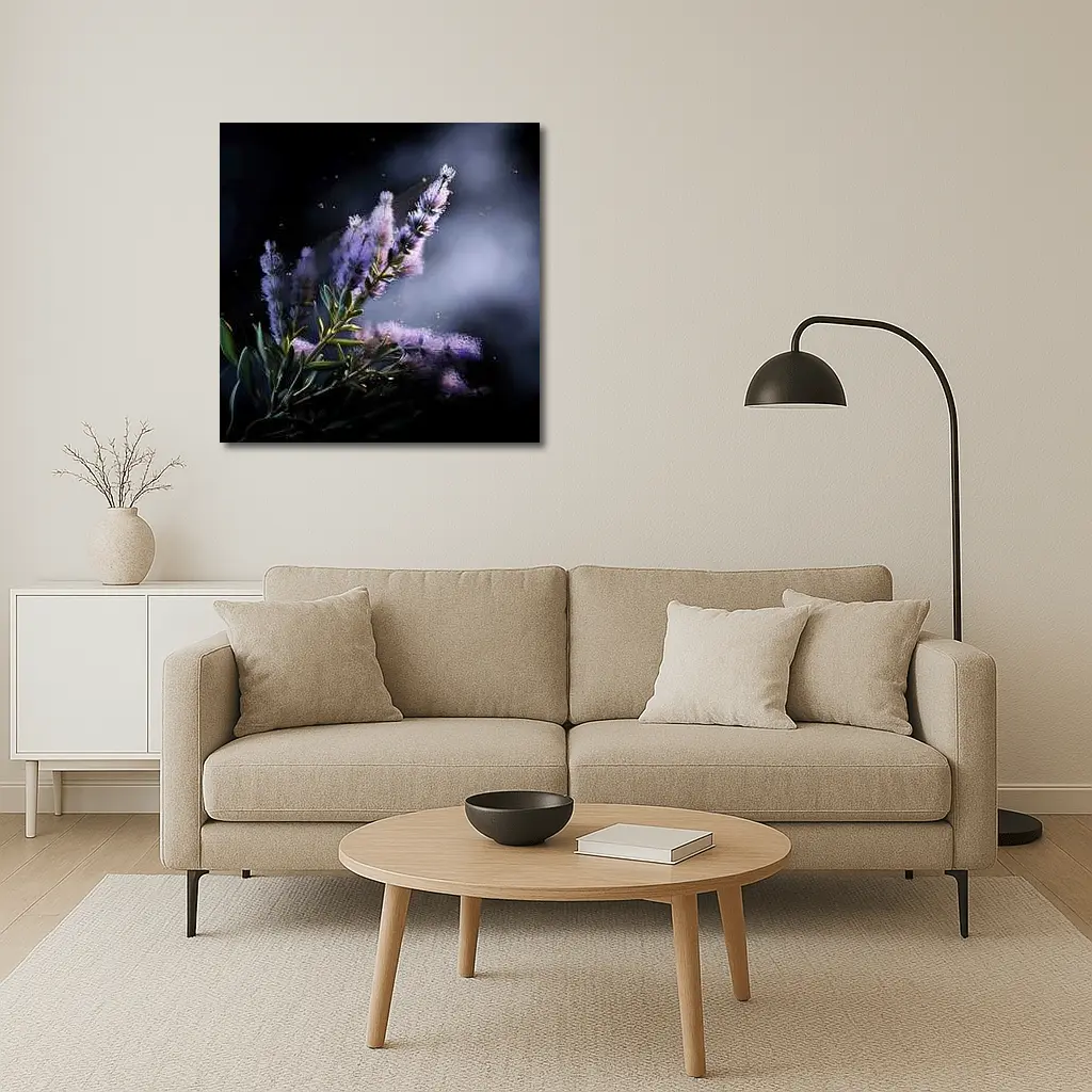 Lavender Blooms Floating Dust Dark Background – Wall Art