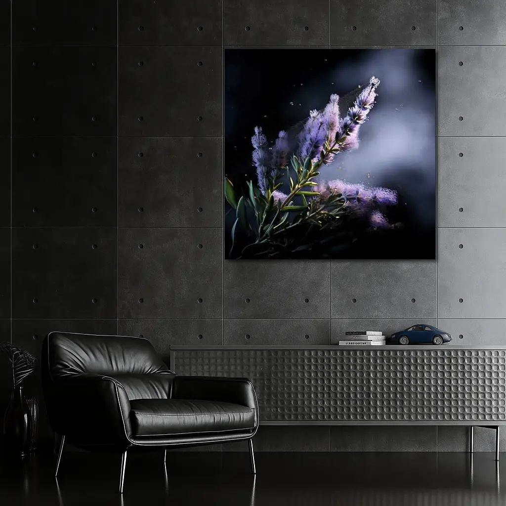 Lavender Blooms Floating Dust Dark Background – Wall Art