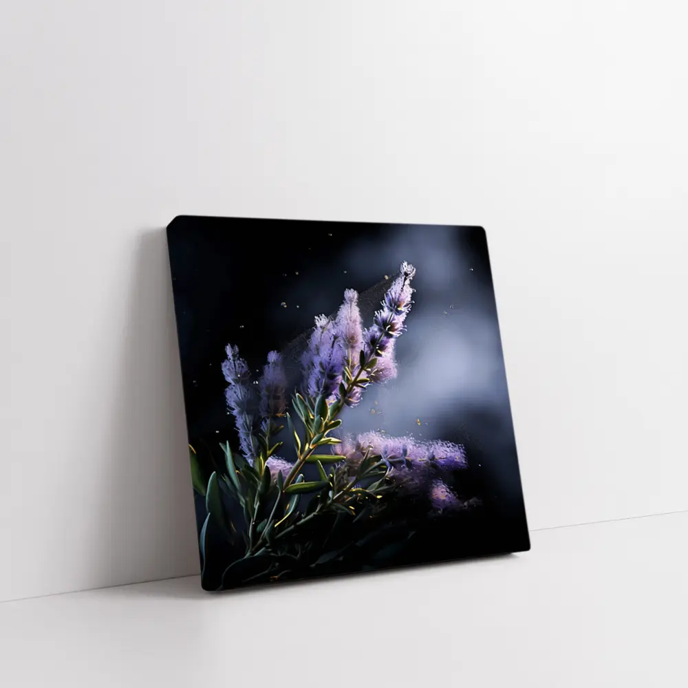 Lavender Blooms Floating Dust Dark Background – Wall Art