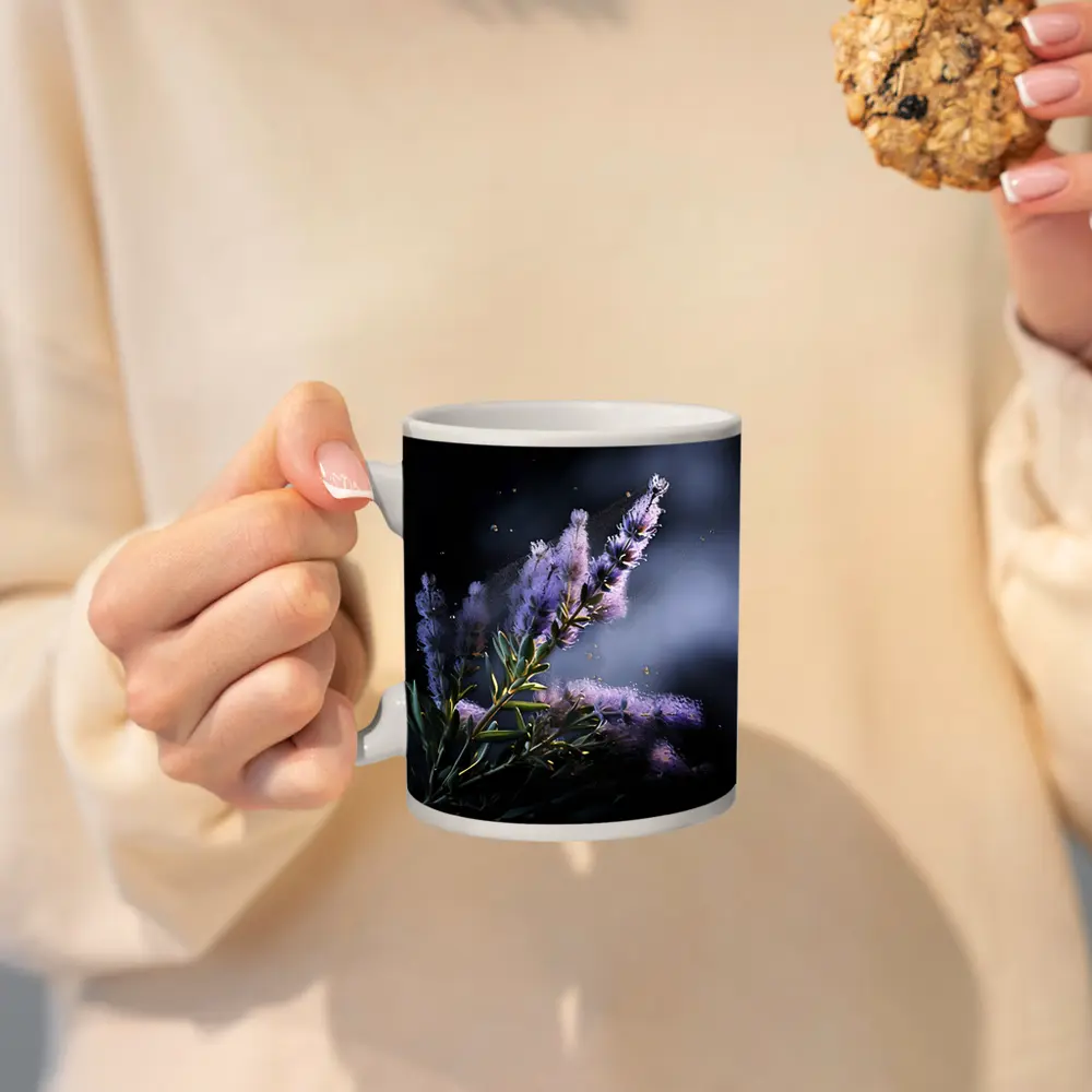 Lavender Blooms Floating Dust Dark Background – Mugs