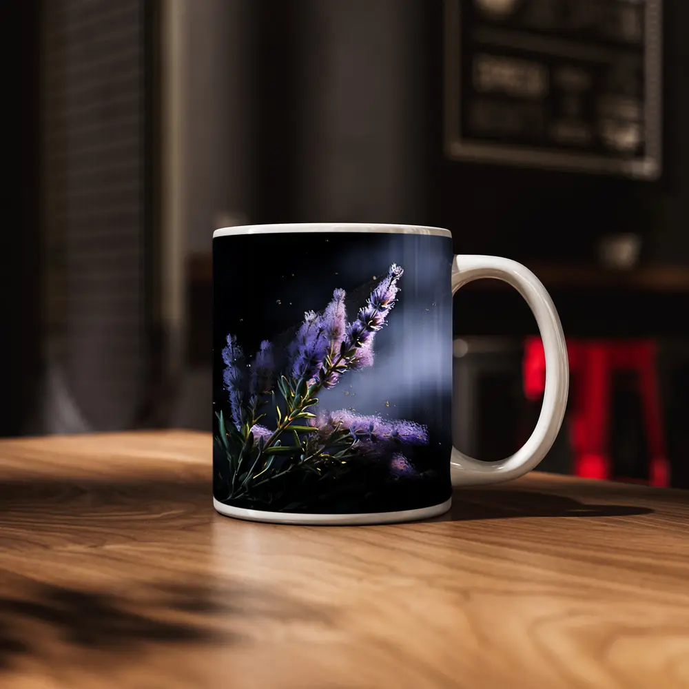 Lavender Blooms Floating Dust Dark Background – Mugs