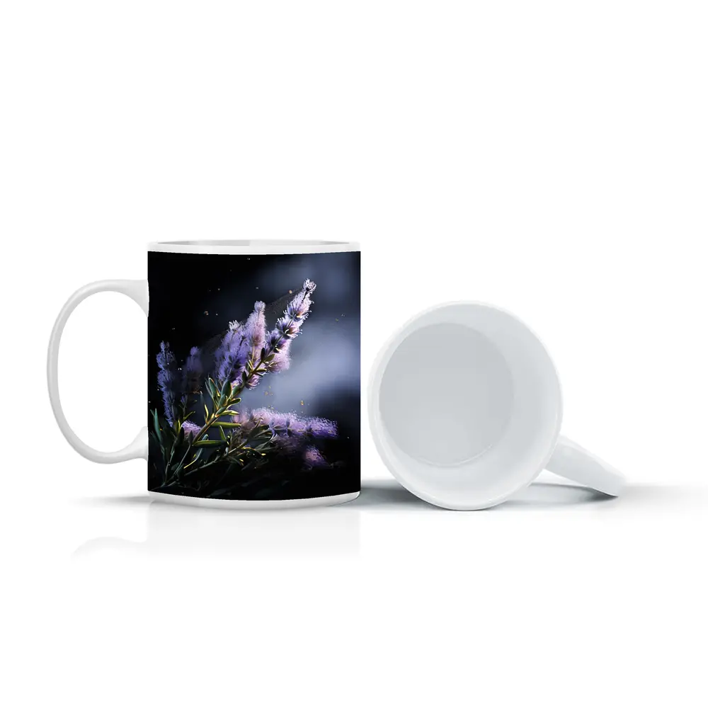 Lavender Blooms Floating Dust Dark Background – Mugs