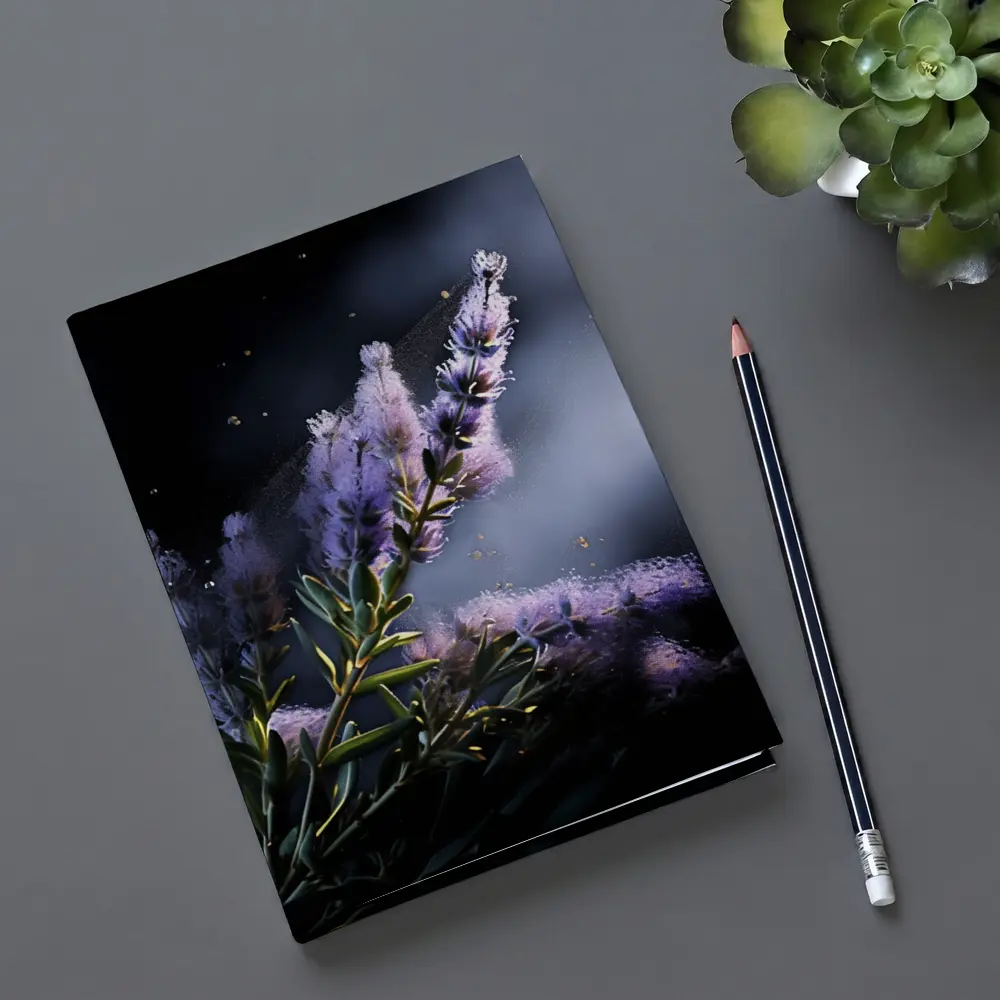 Lavender Blooms Floating Dust Dark Background – Notebooks