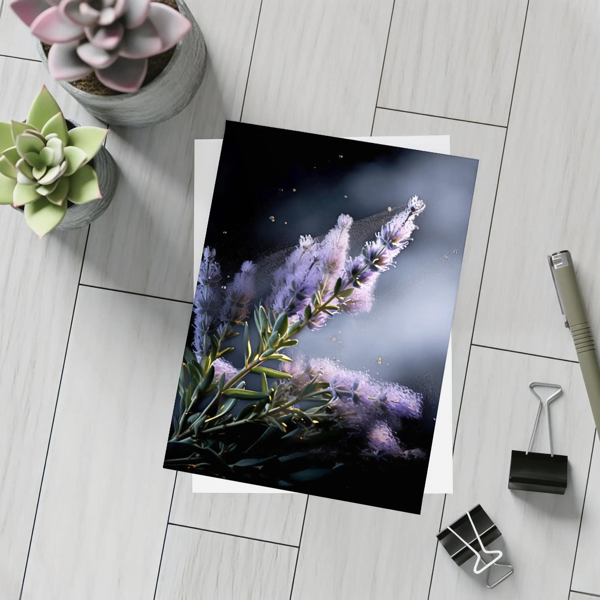 Lavender Blooms Floating Dust Dark Background – Postcards