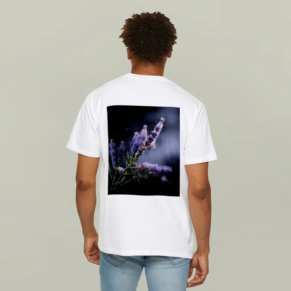 Lavender Blooms Floating Dust Dark Background – T-Shirts