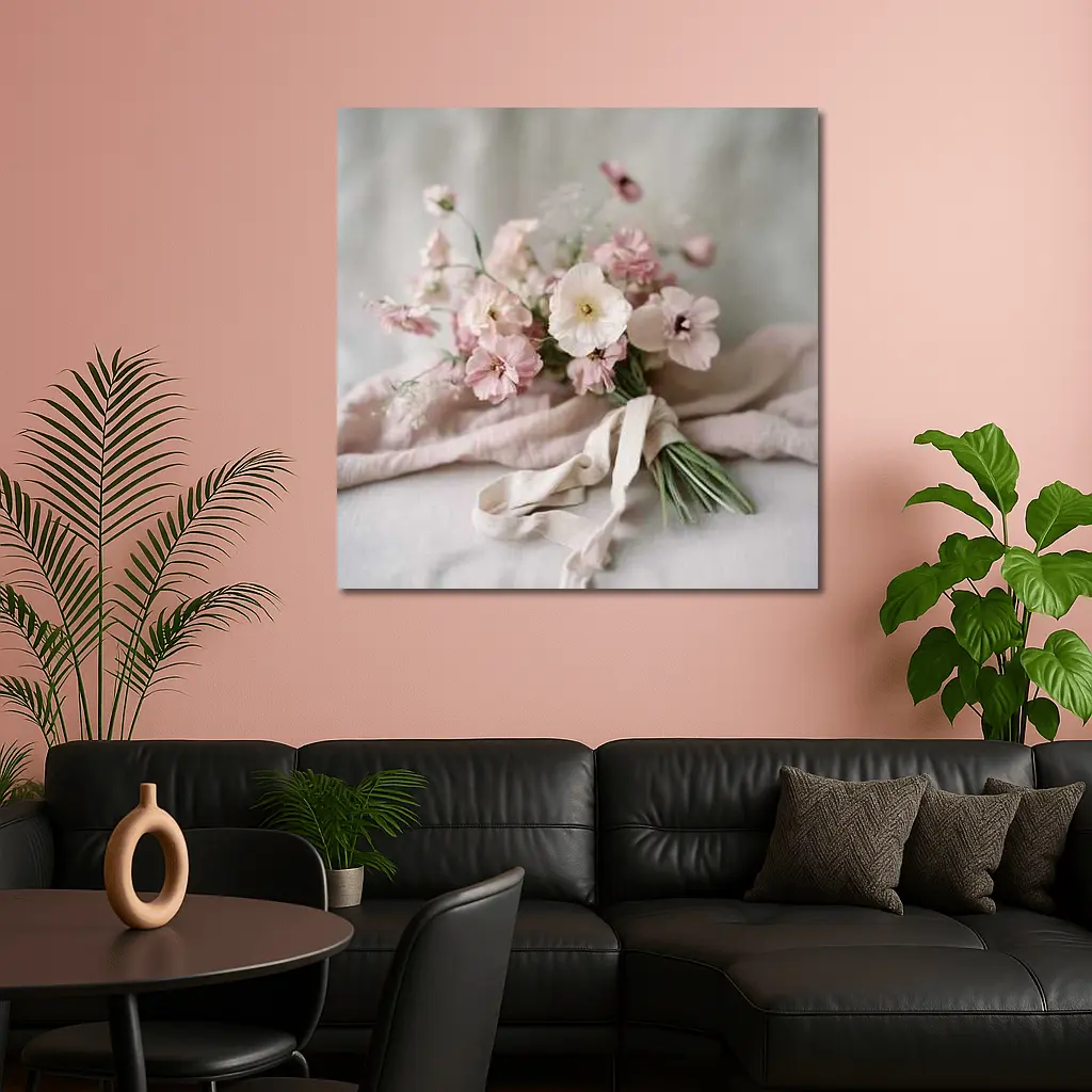 Pink Wildflower Bouquet On Linen Cloth – Wall Art