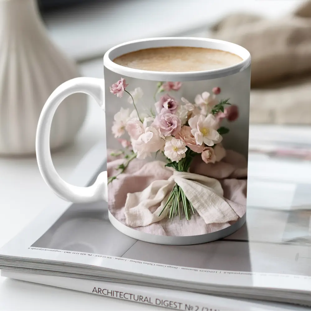 Blush Pink Flower Bouquet Linen Ribbon – Mugs