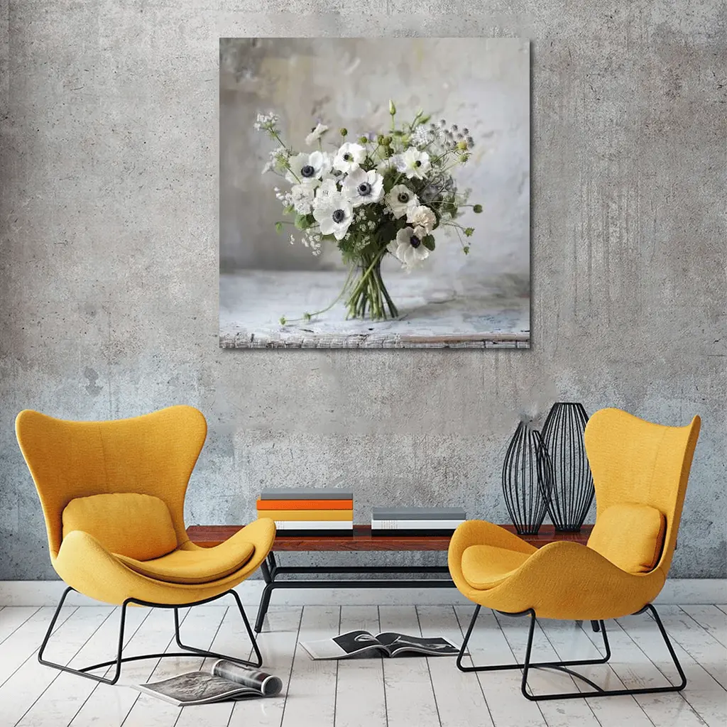 White Anemone Bouquet Rustic Stone Background – Wall Art