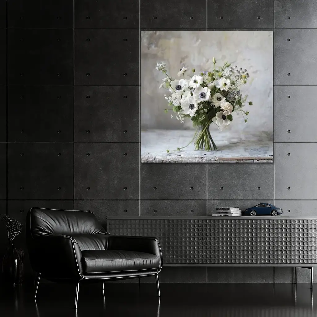 White Anemone Bouquet Rustic Stone Background – Wall Art