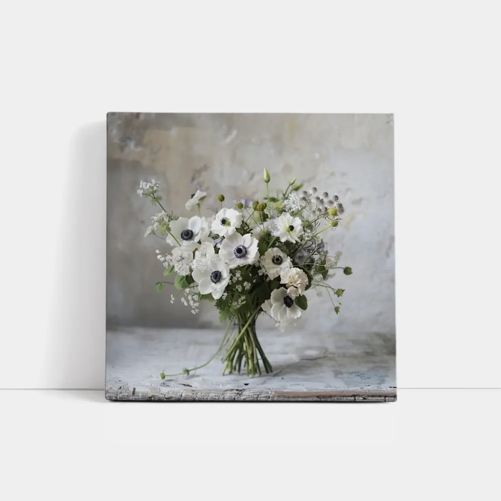 White Anemone Bouquet Rustic Stone Background – Wall Art