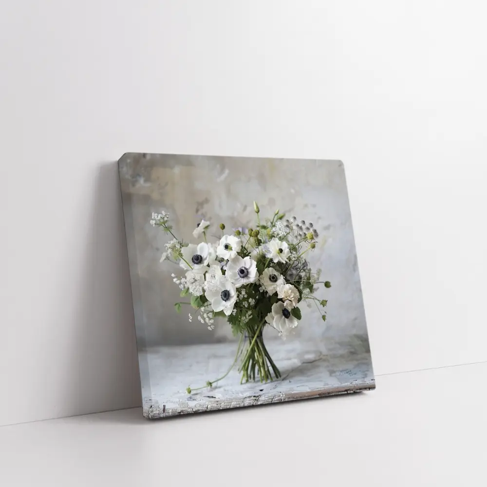 White Anemone Bouquet Rustic Stone Background – Wall Art