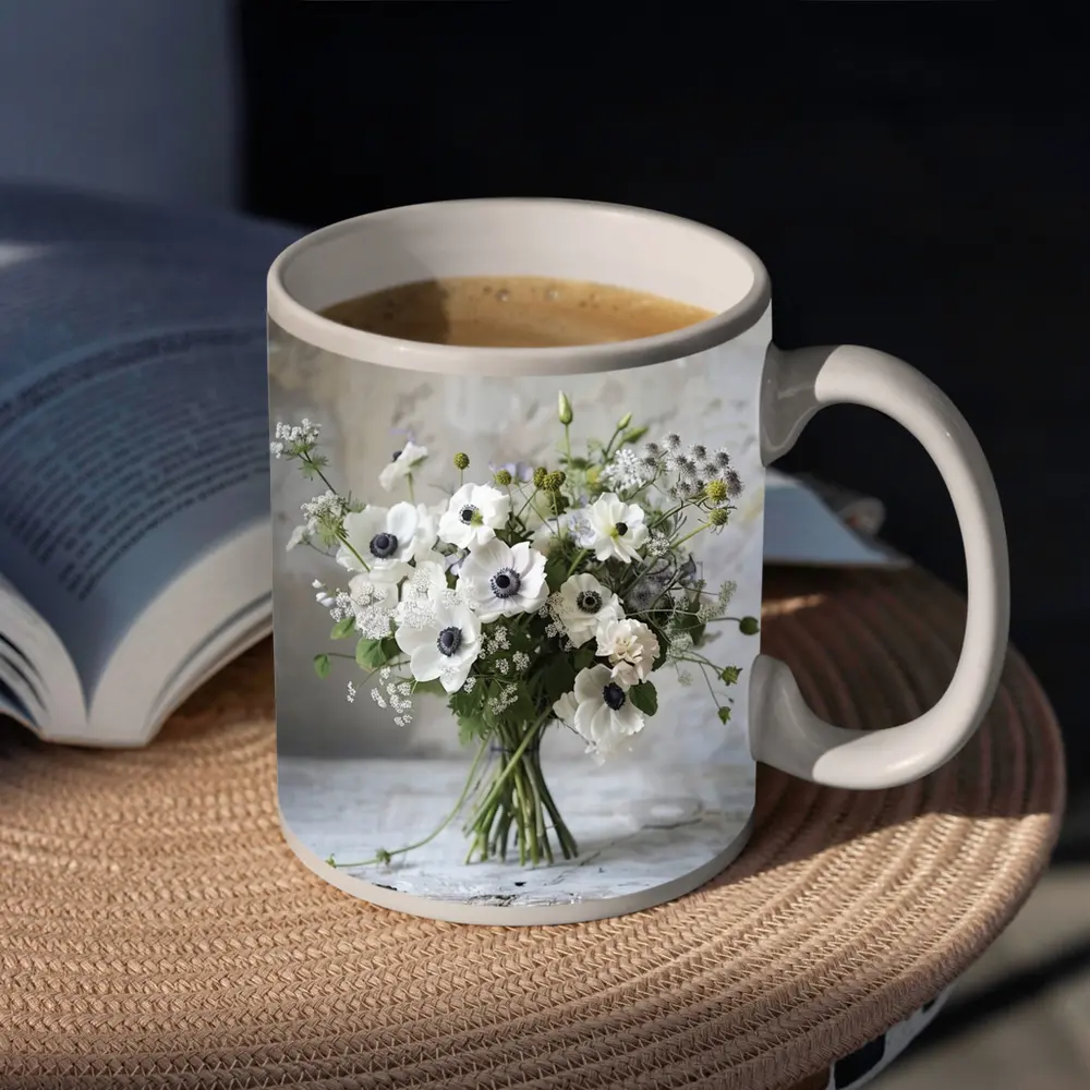 White Anemone Bouquet Rustic Stone Background – Mugs