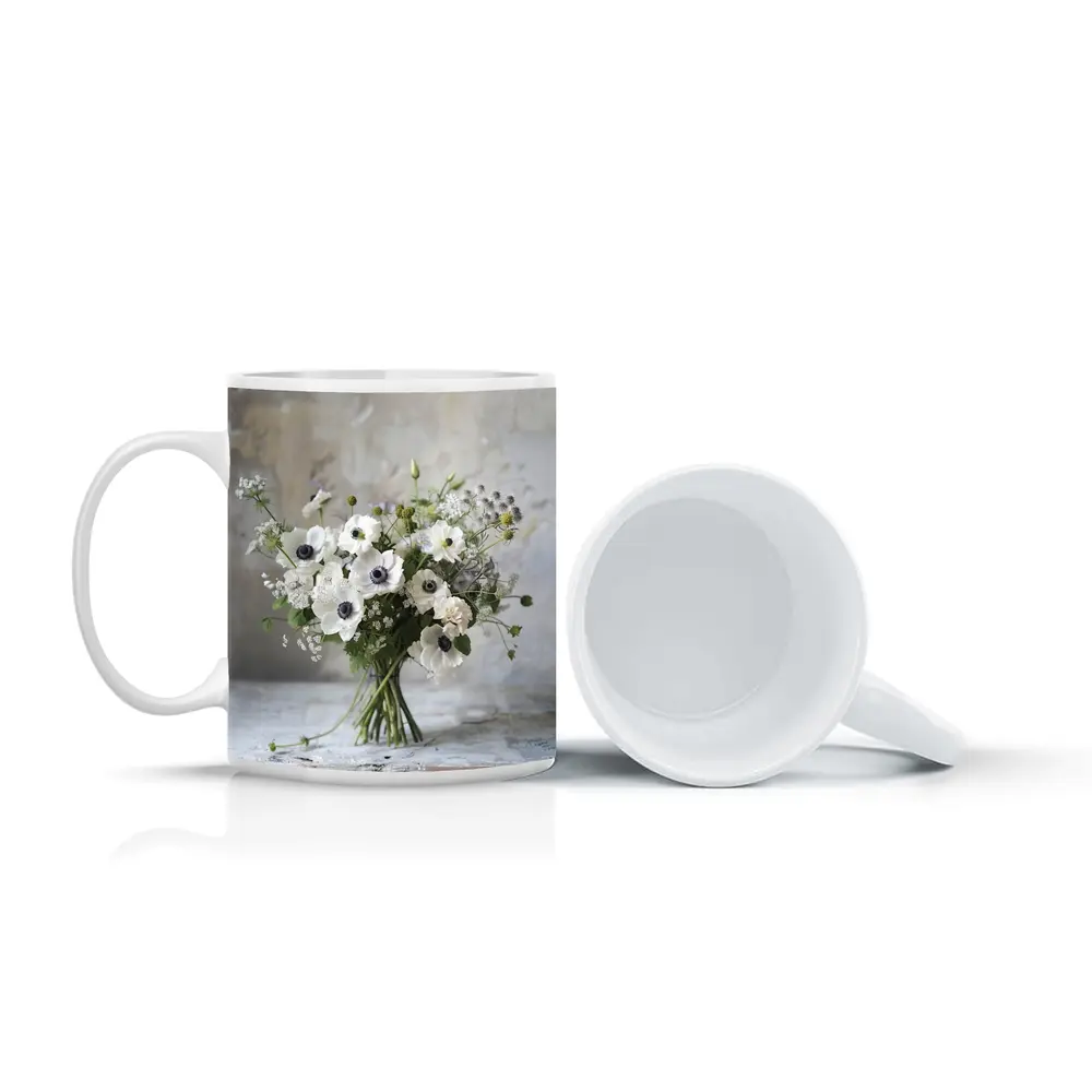 White Anemone Bouquet Rustic Stone Background – Mugs