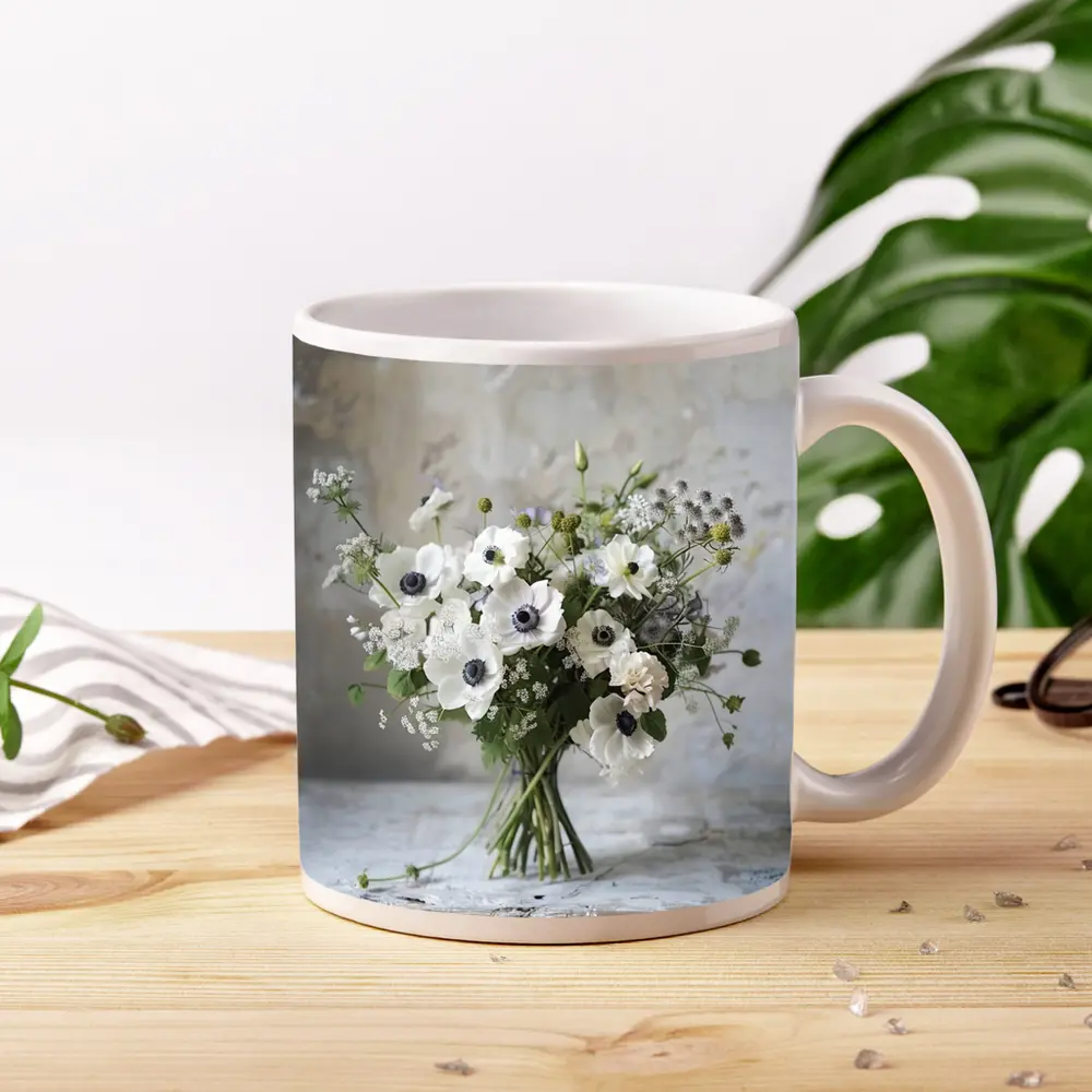 White Anemone Bouquet Rustic Stone Background – Mugs