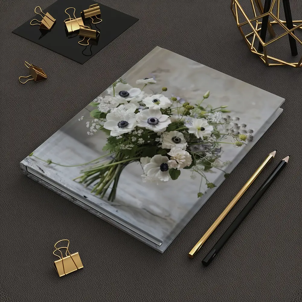 White Anemone Bouquet Rustic Stone Background – Notebooks