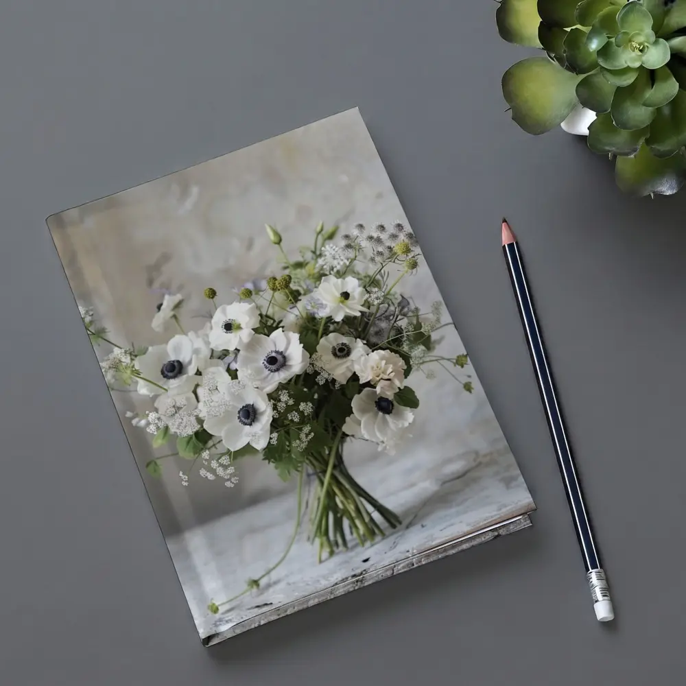 White Anemone Bouquet Rustic Stone Background – Notebooks