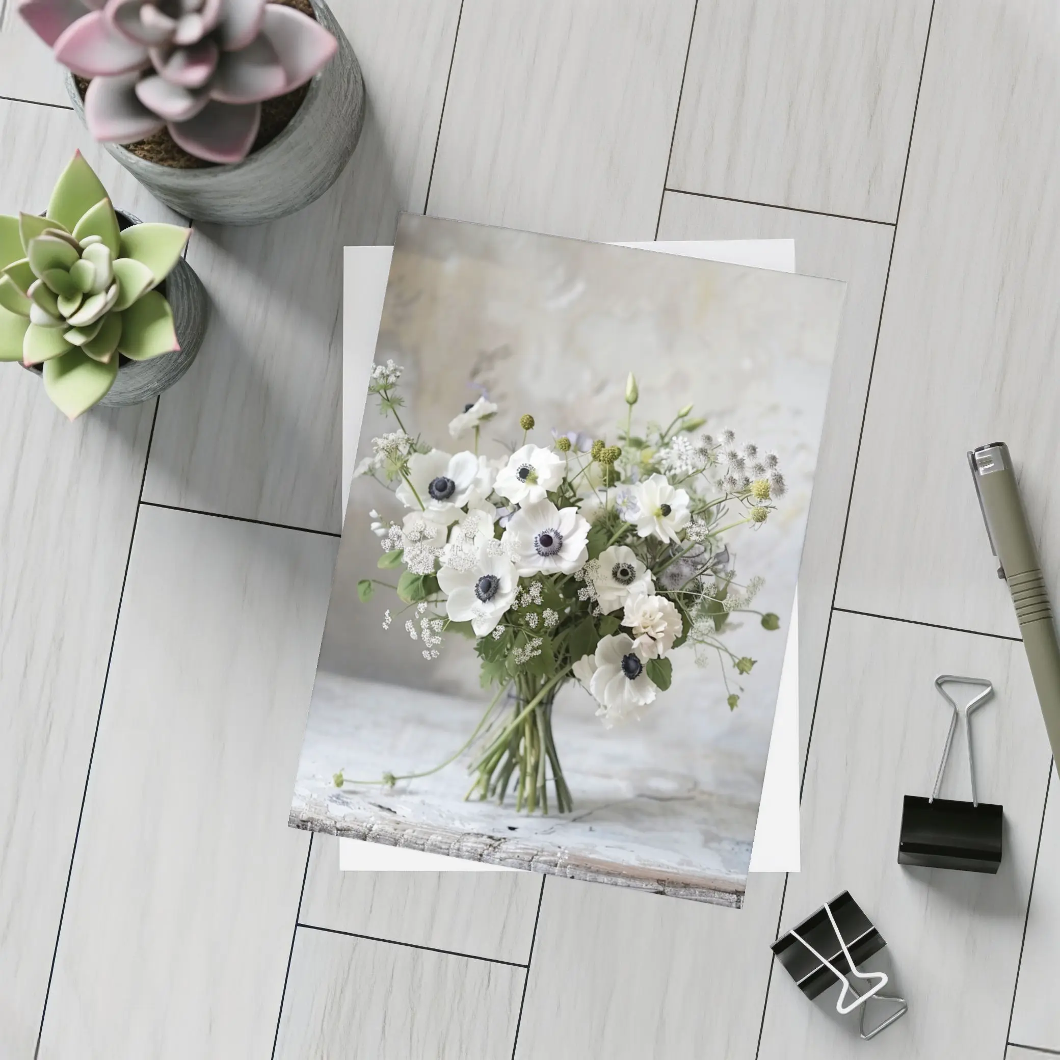 White Anemone Bouquet Rustic Stone Background – Postcards