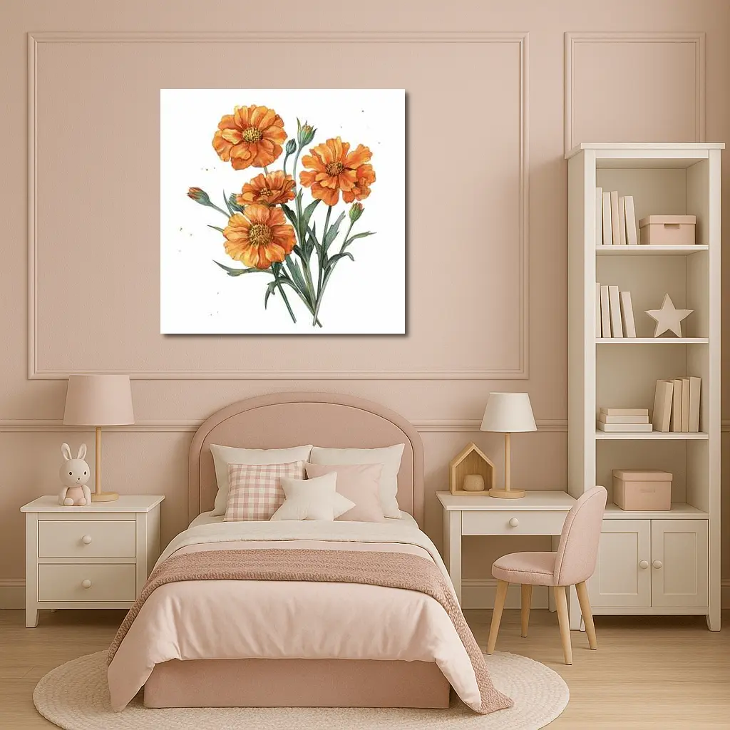 Orange Marigold Flowers Watercolor White Background – Wall Art