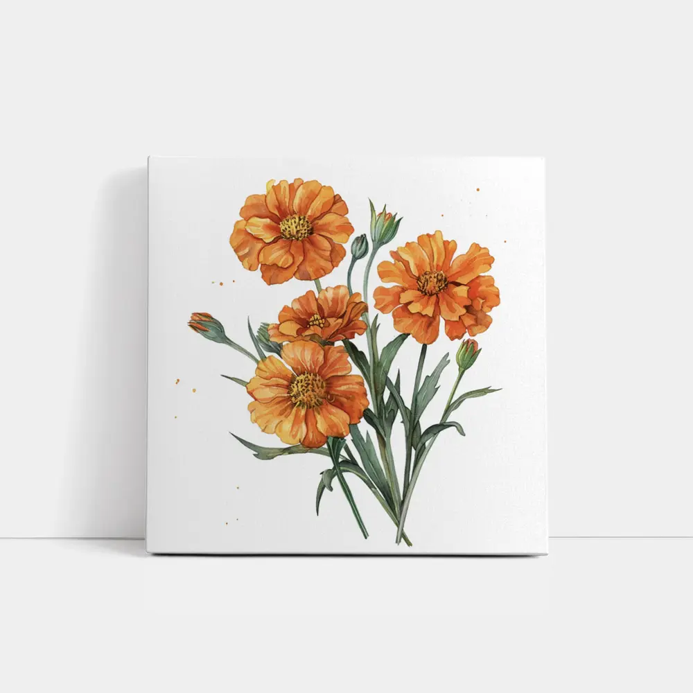 Orange Marigold Flowers Watercolor White Background – Wall Art