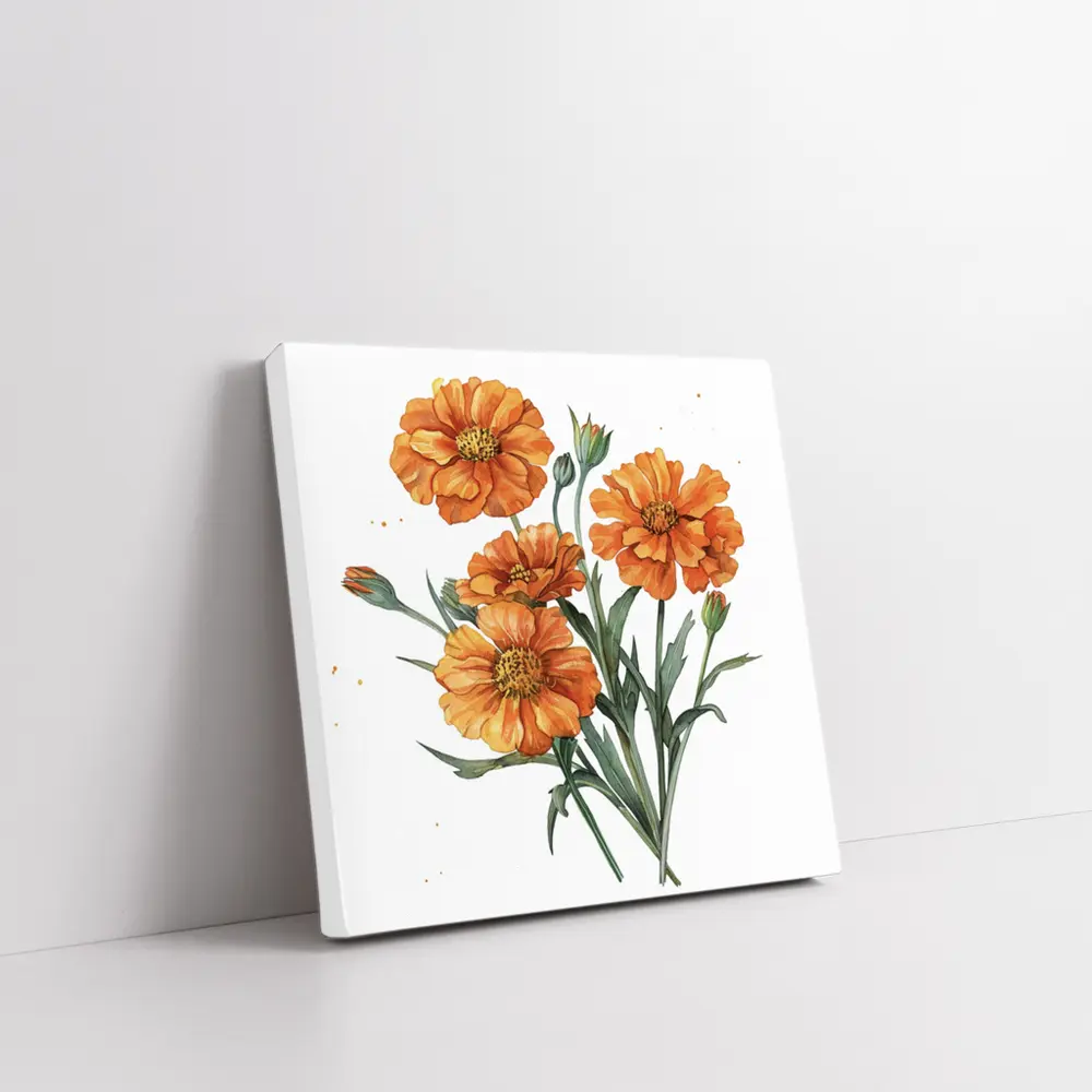 Orange Marigold Flowers Watercolor White Background – Wall Art