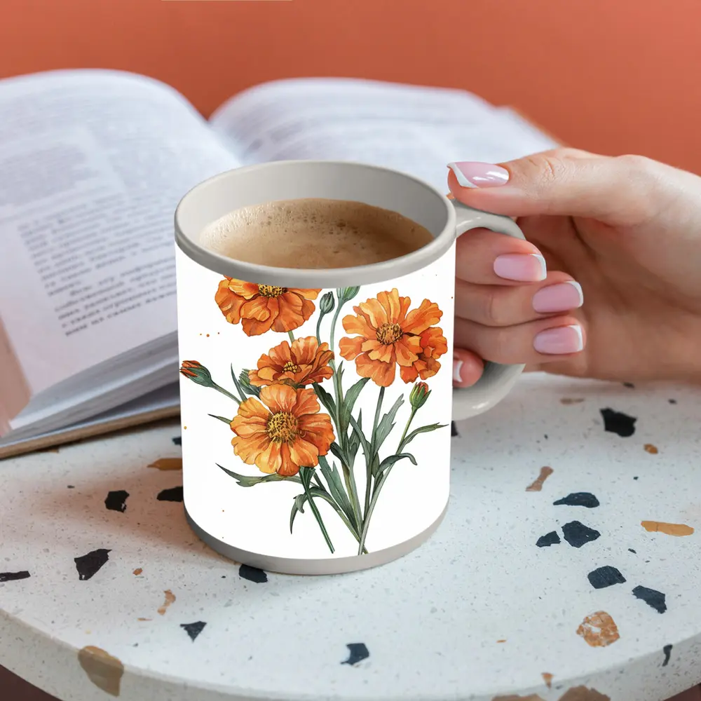 Orange Marigold Flowers Watercolor White Background – Mugs