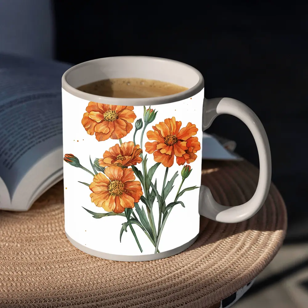 Orange Marigold Flowers Watercolor White Background – Mugs