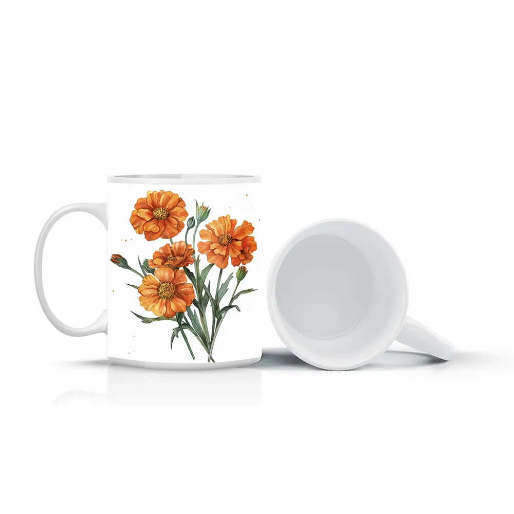 Orange Marigold Flowers Watercolor White Background – Mugs