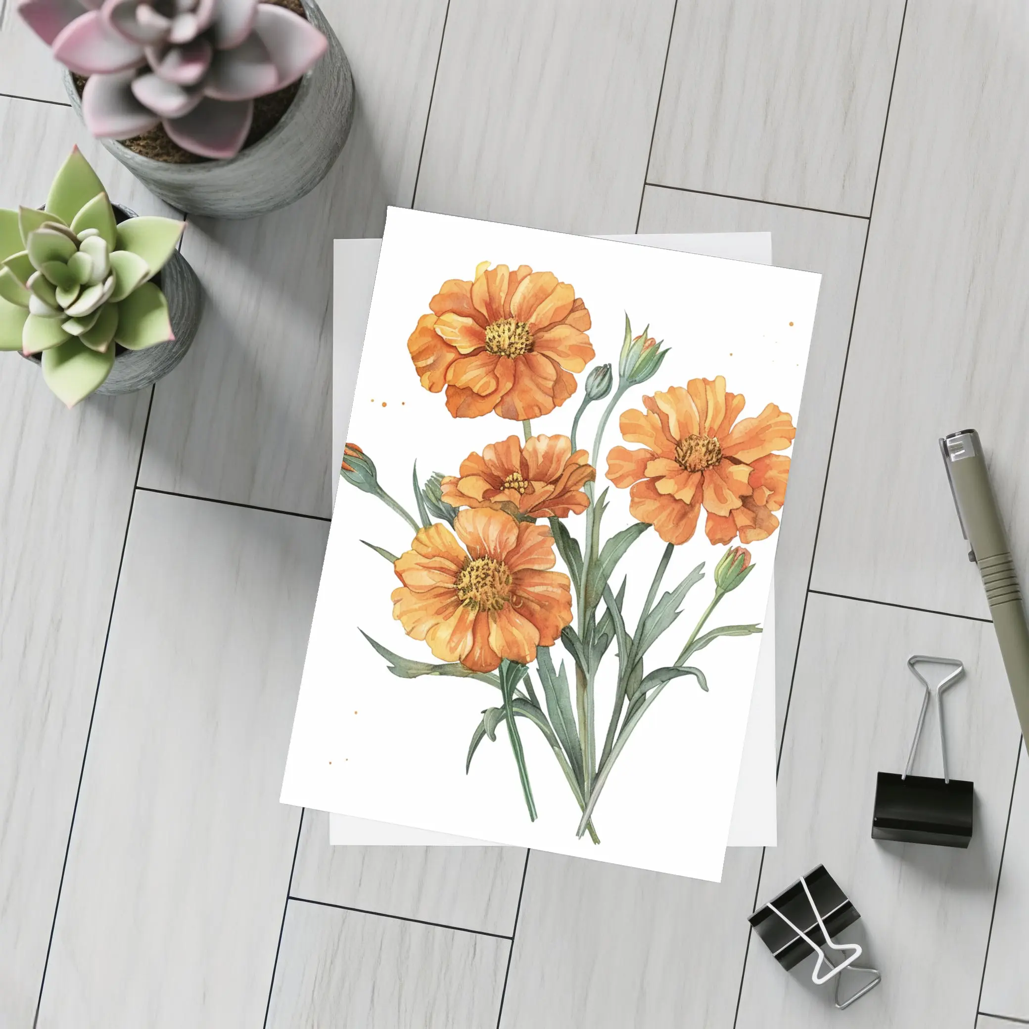Orange Marigold Flowers Watercolor White Background – Postcards