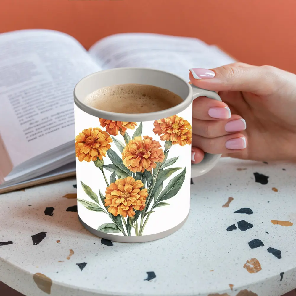 Orange Marigold Bouquet Watercolor Botanical Art – Mugs