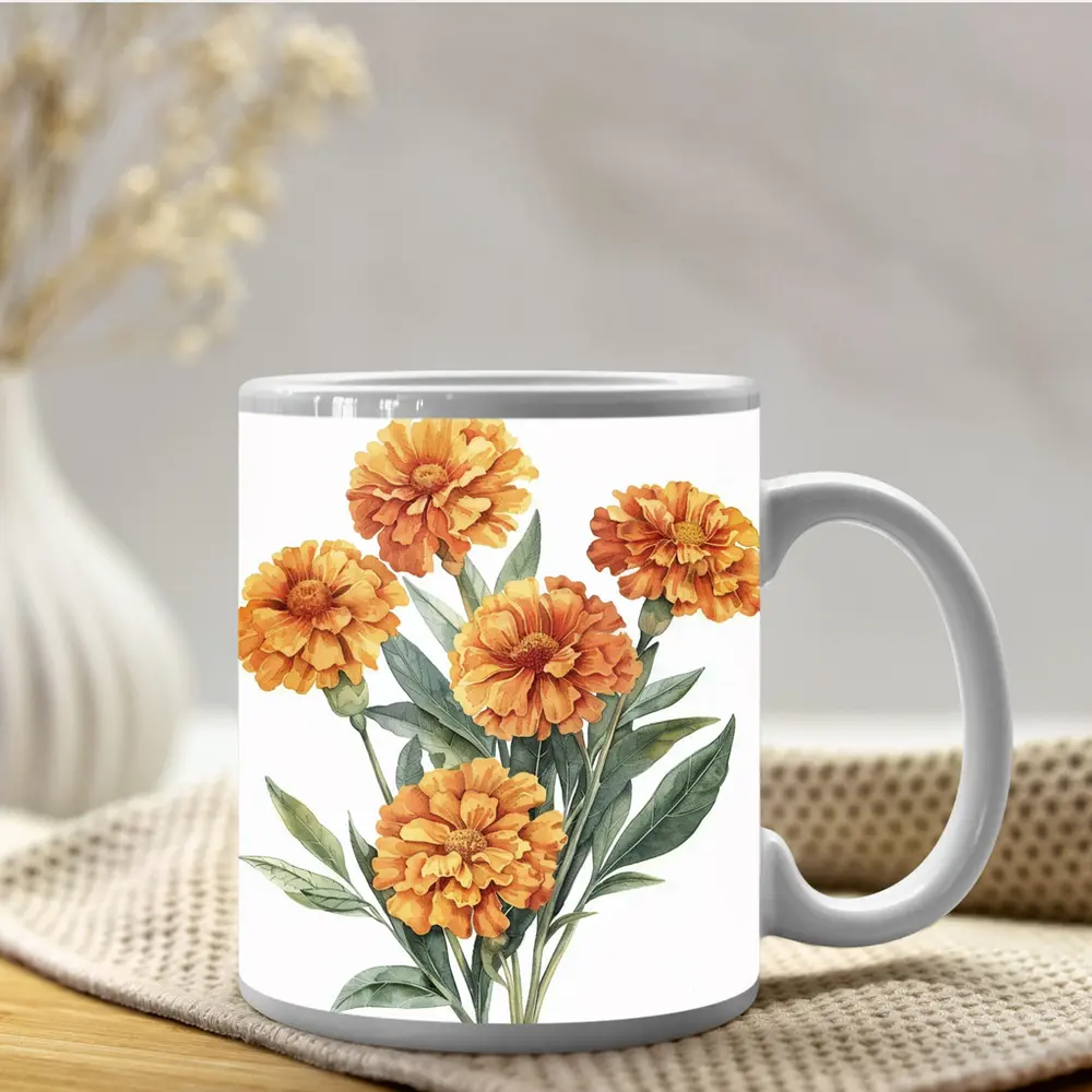 Orange Marigold Bouquet Watercolor Botanical Art – Mugs