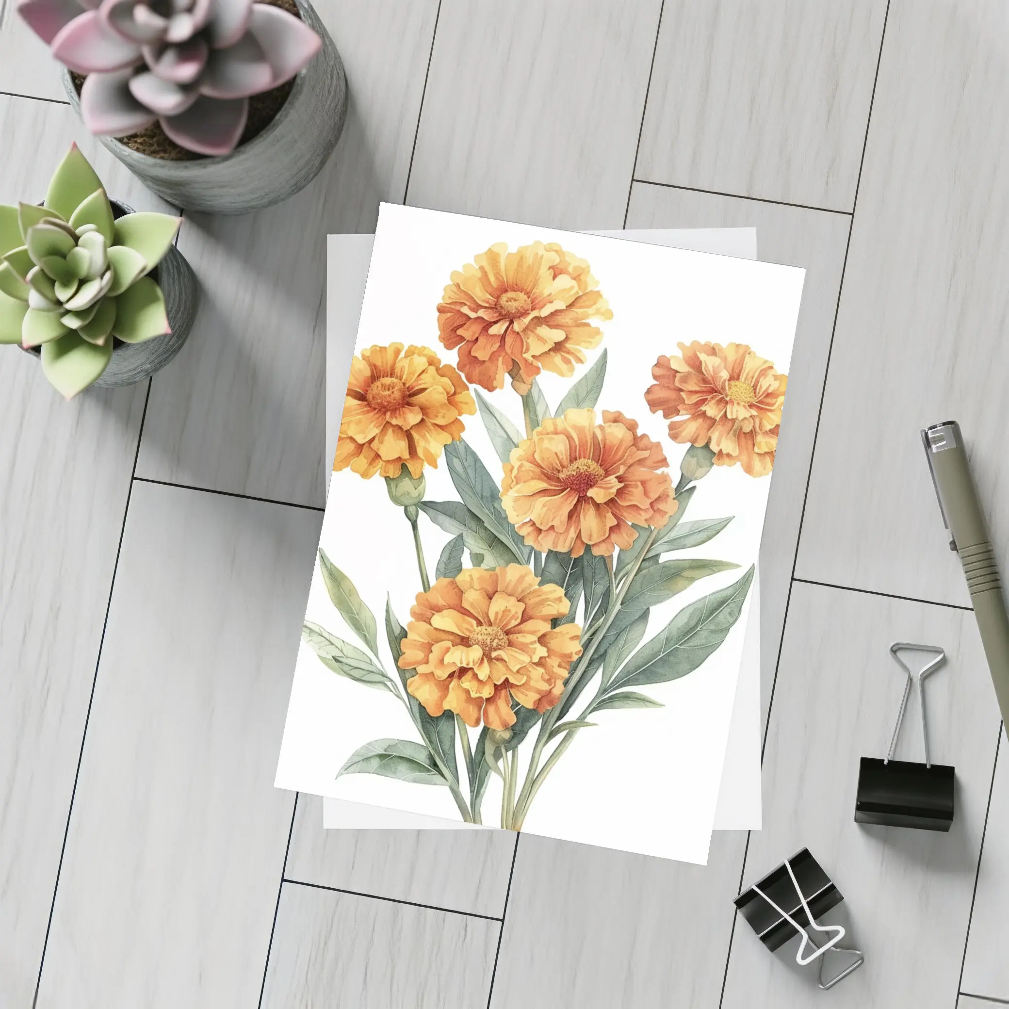 Orange Marigold Bouquet Watercolor Botanical Art – Postcards