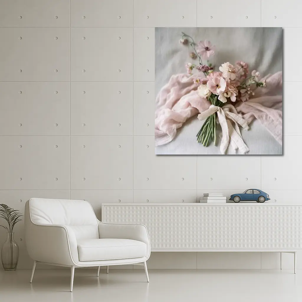 Pink Cosmos Bouquet Tied With Linen Ribbon – Wall Art