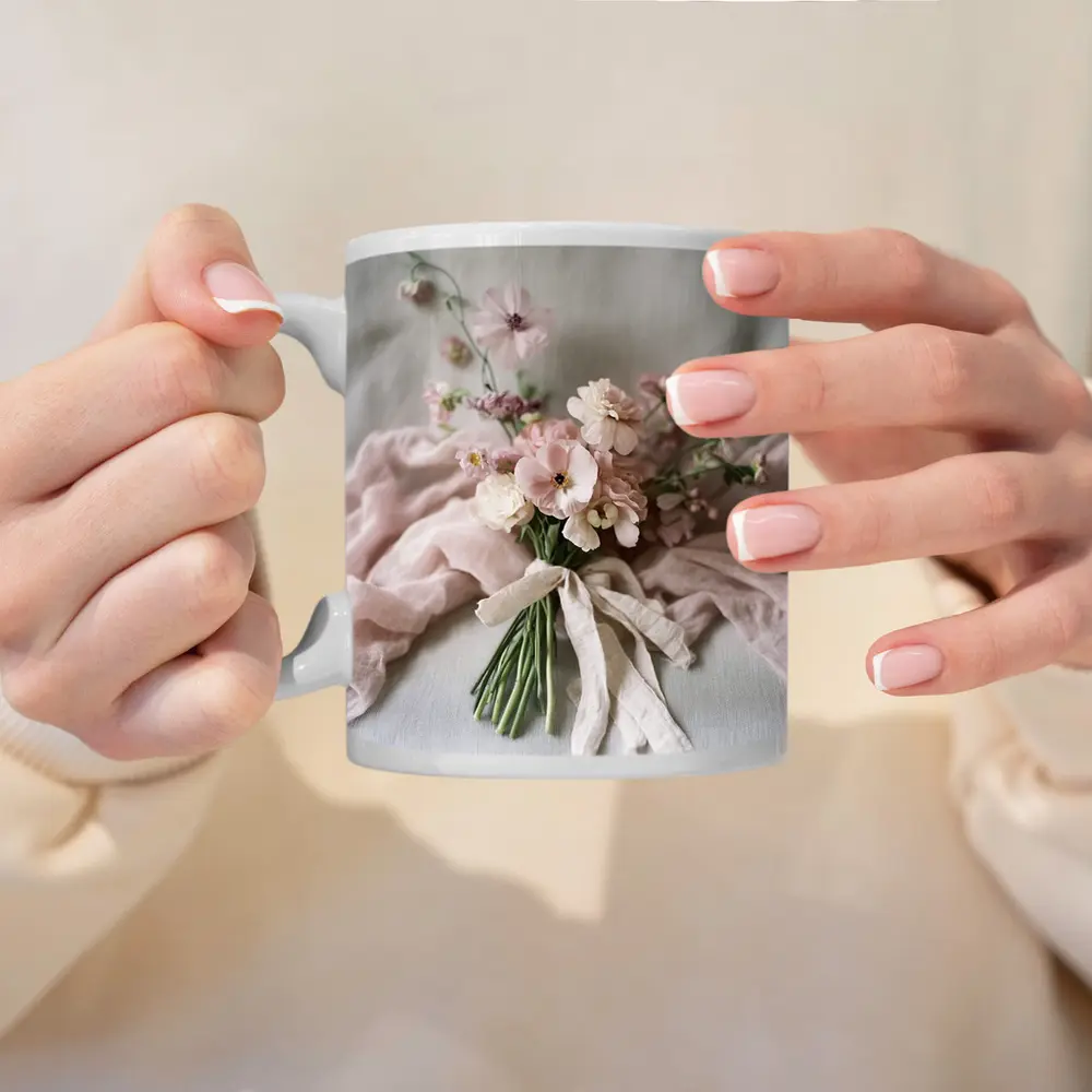 Pink Cosmos Bouquet Tied With Linen Ribbon – Mugs