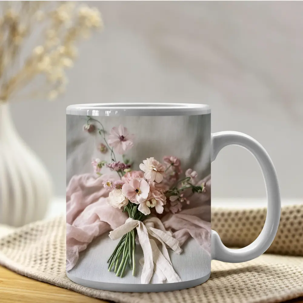 Pink Cosmos Bouquet Tied With Linen Ribbon – Mugs