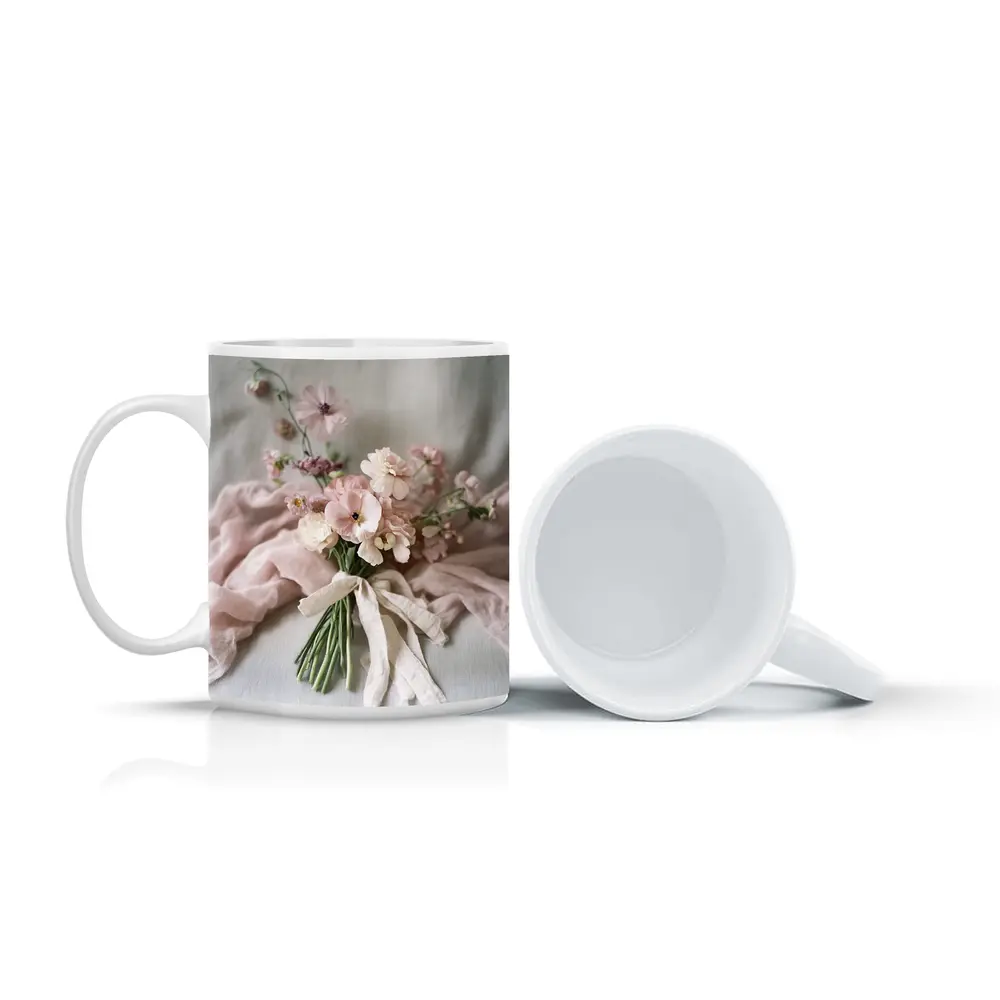 Pink Cosmos Bouquet Tied With Linen Ribbon – Mugs
