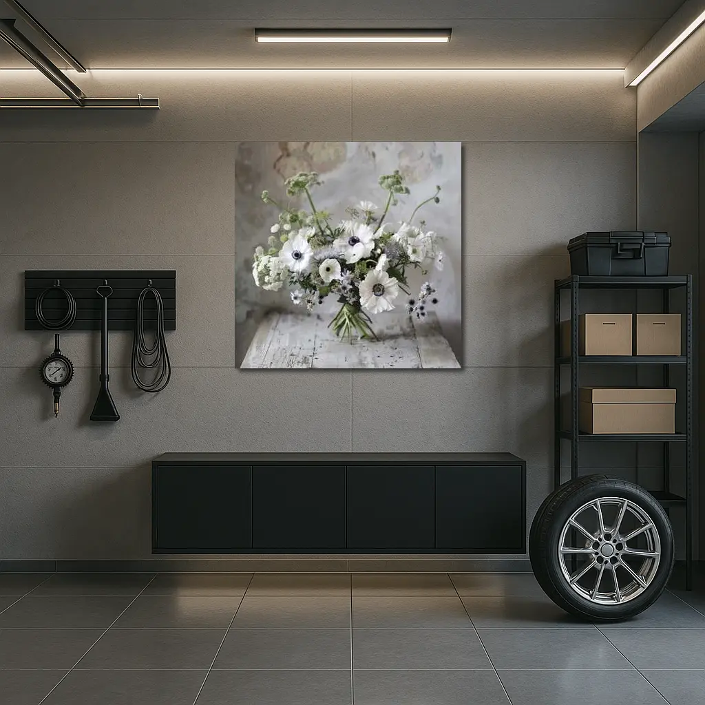 White Anemone Bouquet on Rustic Wood – Wall Art