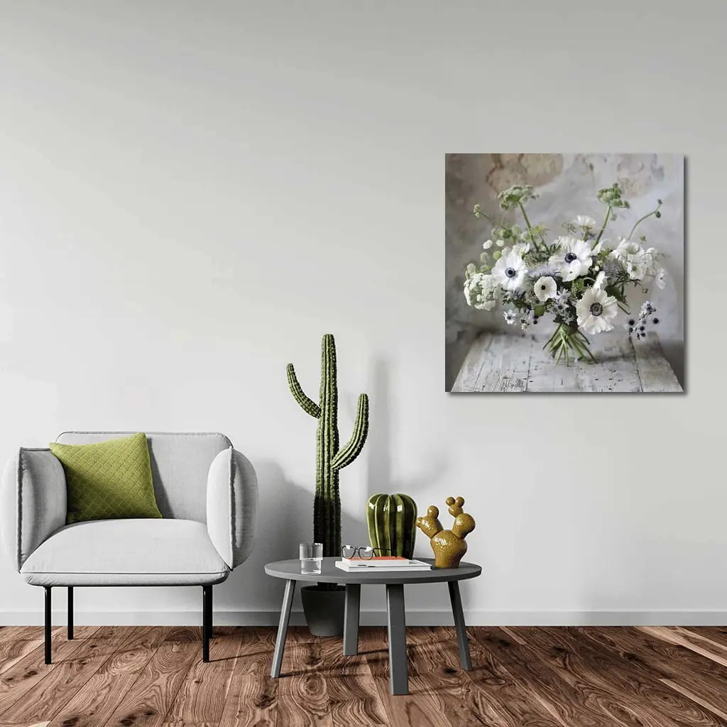 White Anemone Bouquet on Rustic Wood – Wall Art