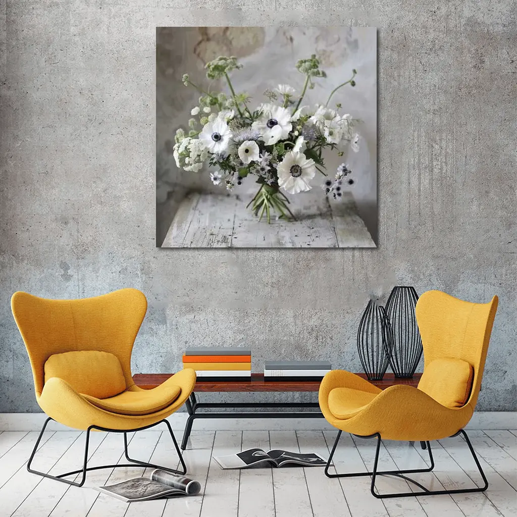 White Anemone Bouquet on Rustic Wood – Wall Art