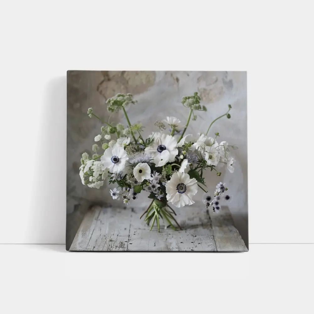 White Anemone Bouquet on Rustic Wood – Wall Art