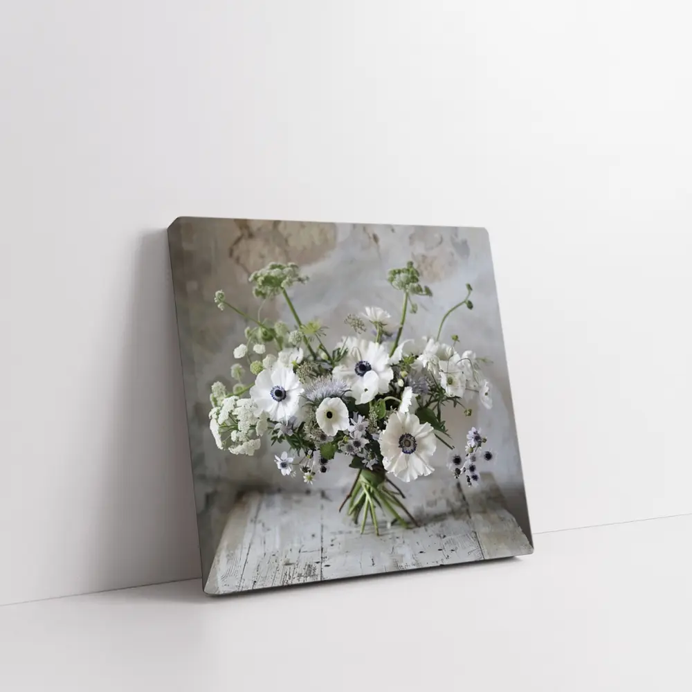 White Anemone Bouquet on Rustic Wood – Wall Art