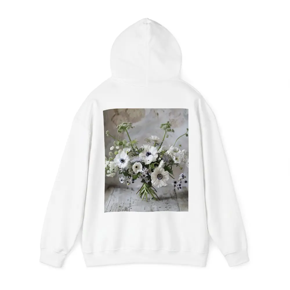 White Anemone Bouquet on Rustic Wood – Hoodies