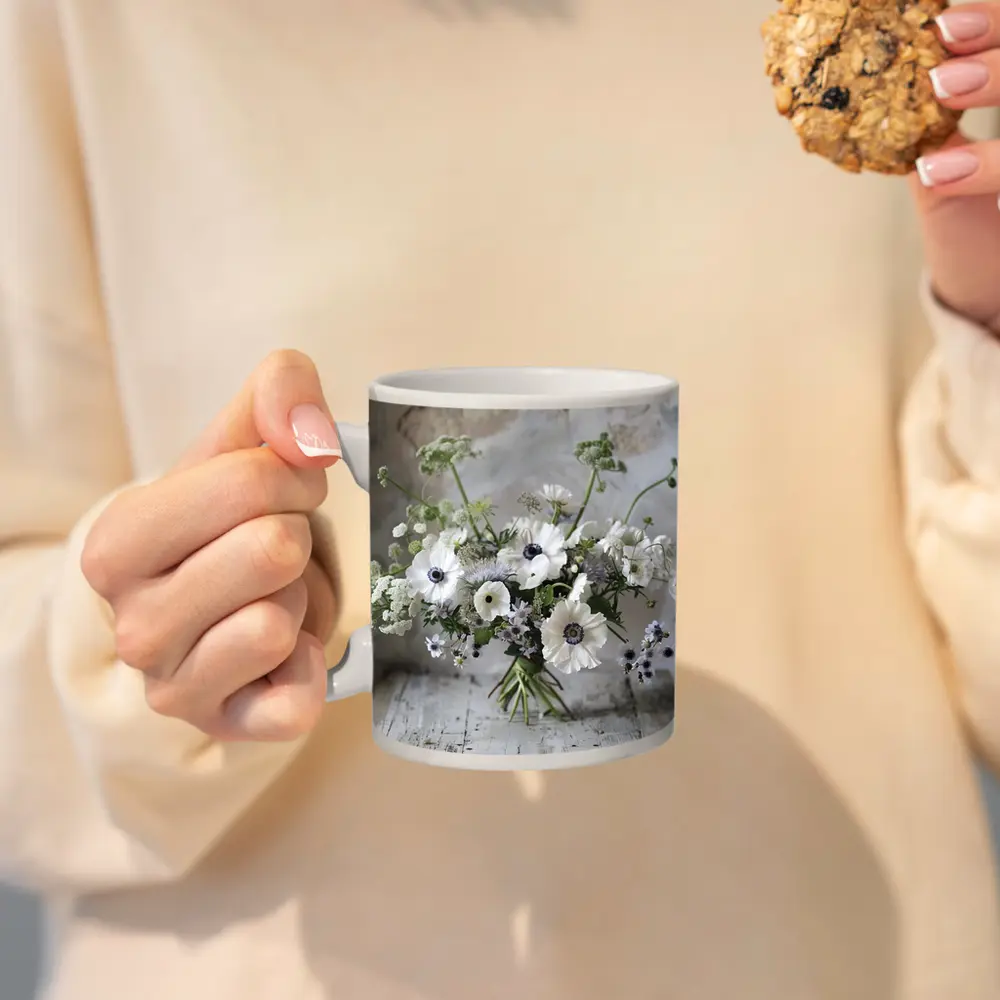 White Anemone Bouquet on Rustic Wood – Mugs