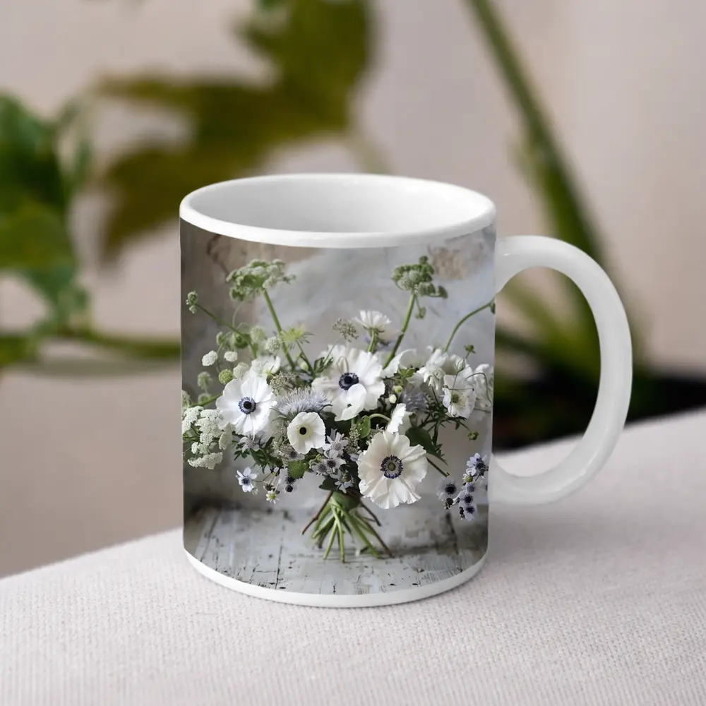 White Anemone Bouquet on Rustic Wood – Mugs