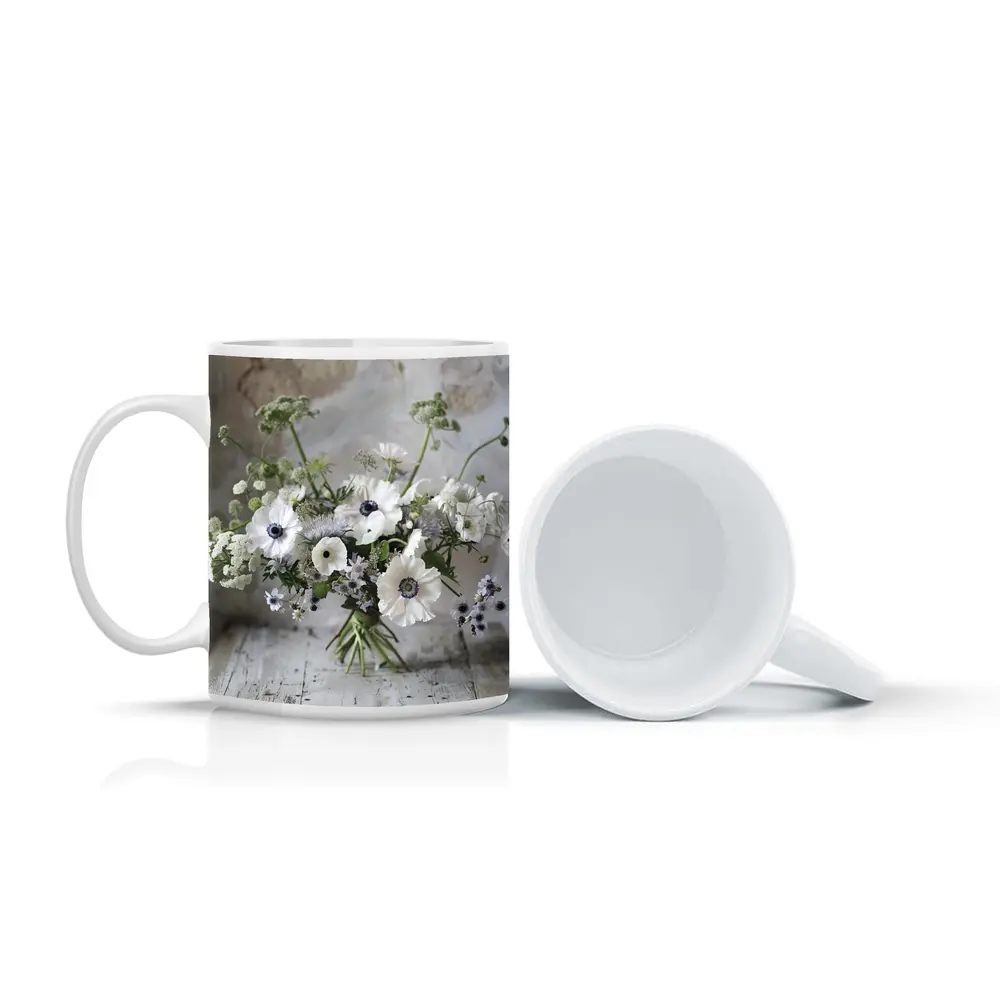 White Anemone Bouquet on Rustic Wood – Mugs