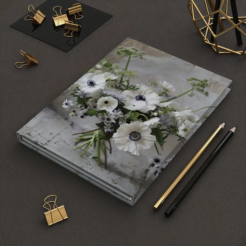 White Anemone Bouquet on Rustic Wood – Notebooks