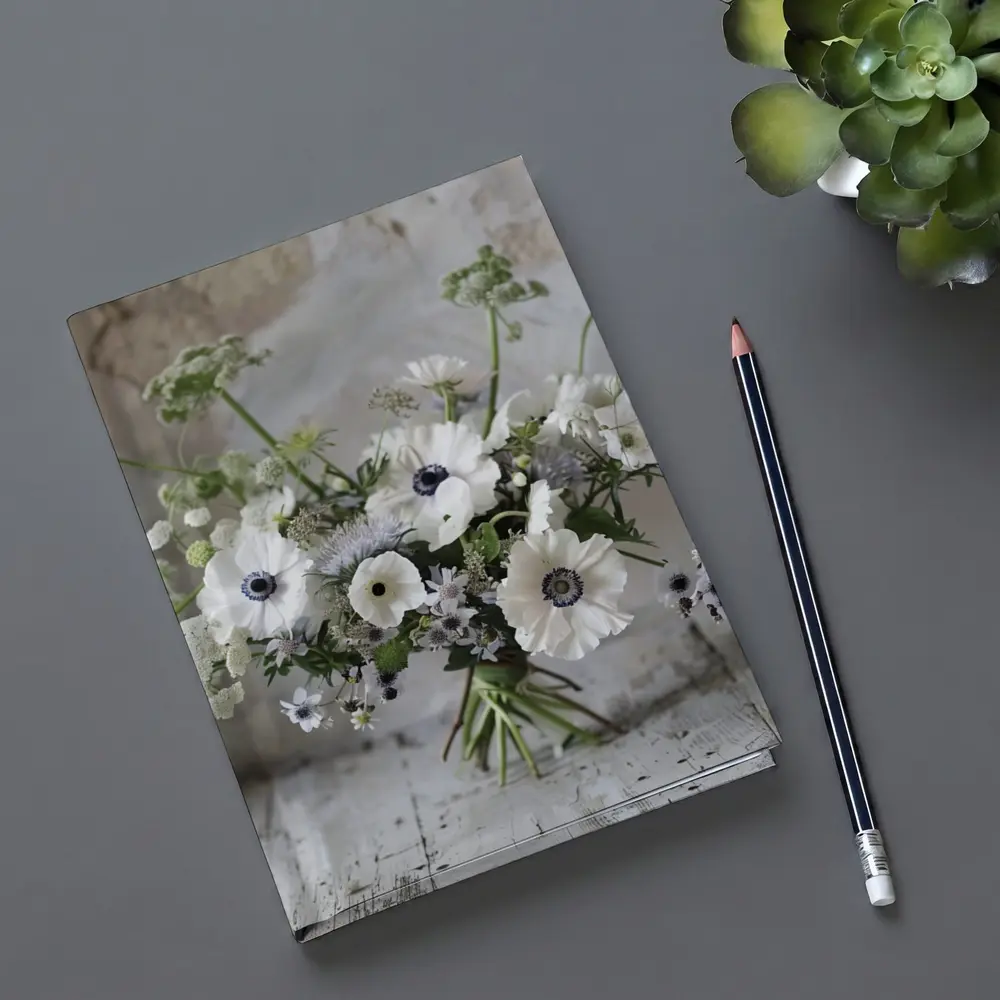 White Anemone Bouquet on Rustic Wood – Notebooks