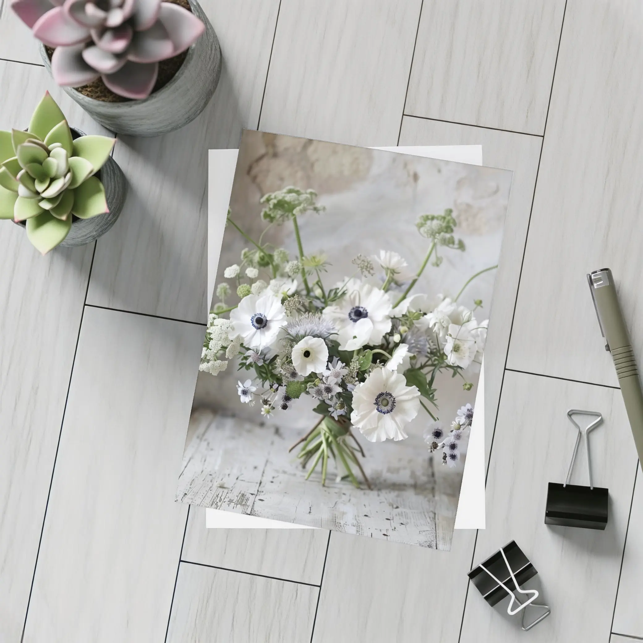 White Anemone Bouquet on Rustic Wood – Postcards